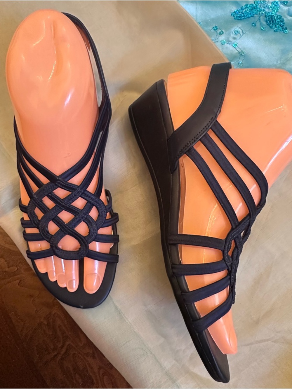 Women's navy blue Strappy Slide Sandals - Elegant Knot Accent - Picture 2 of 7